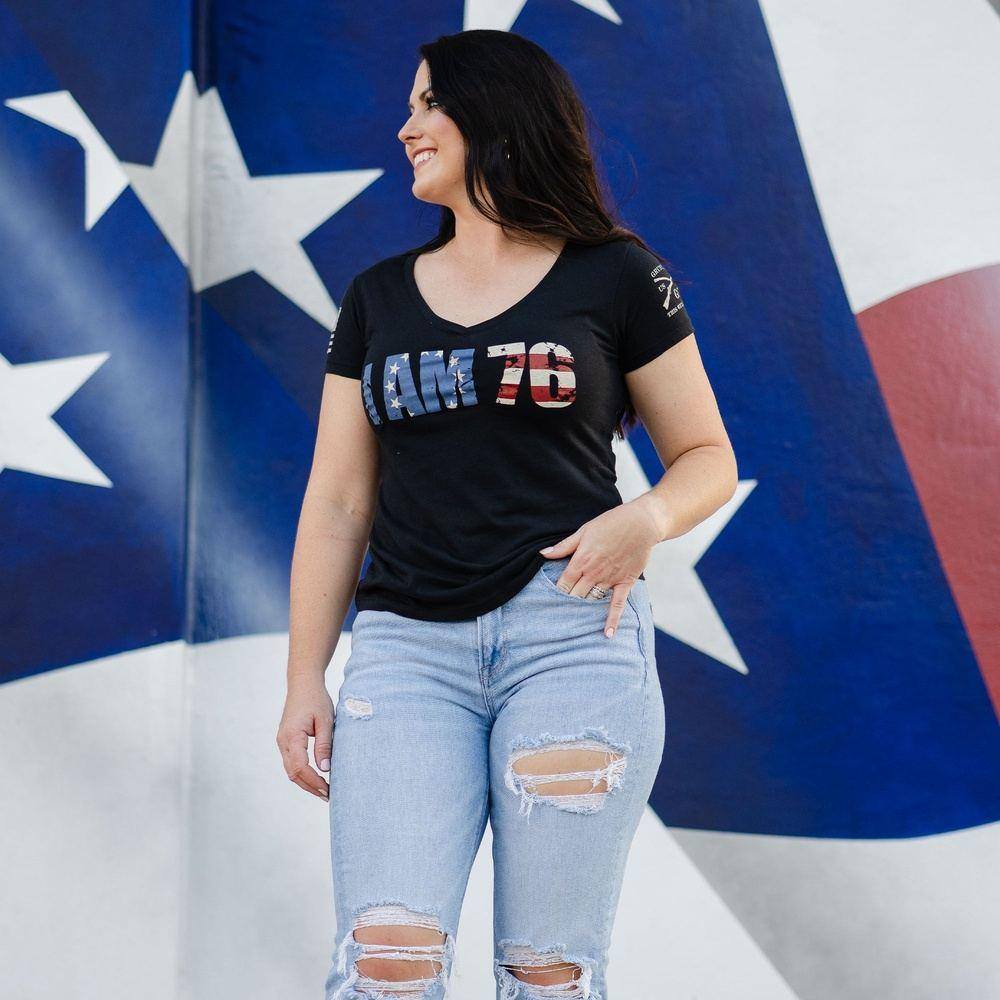 Women's Patriotic T-Shirt - I am 76 in Black 