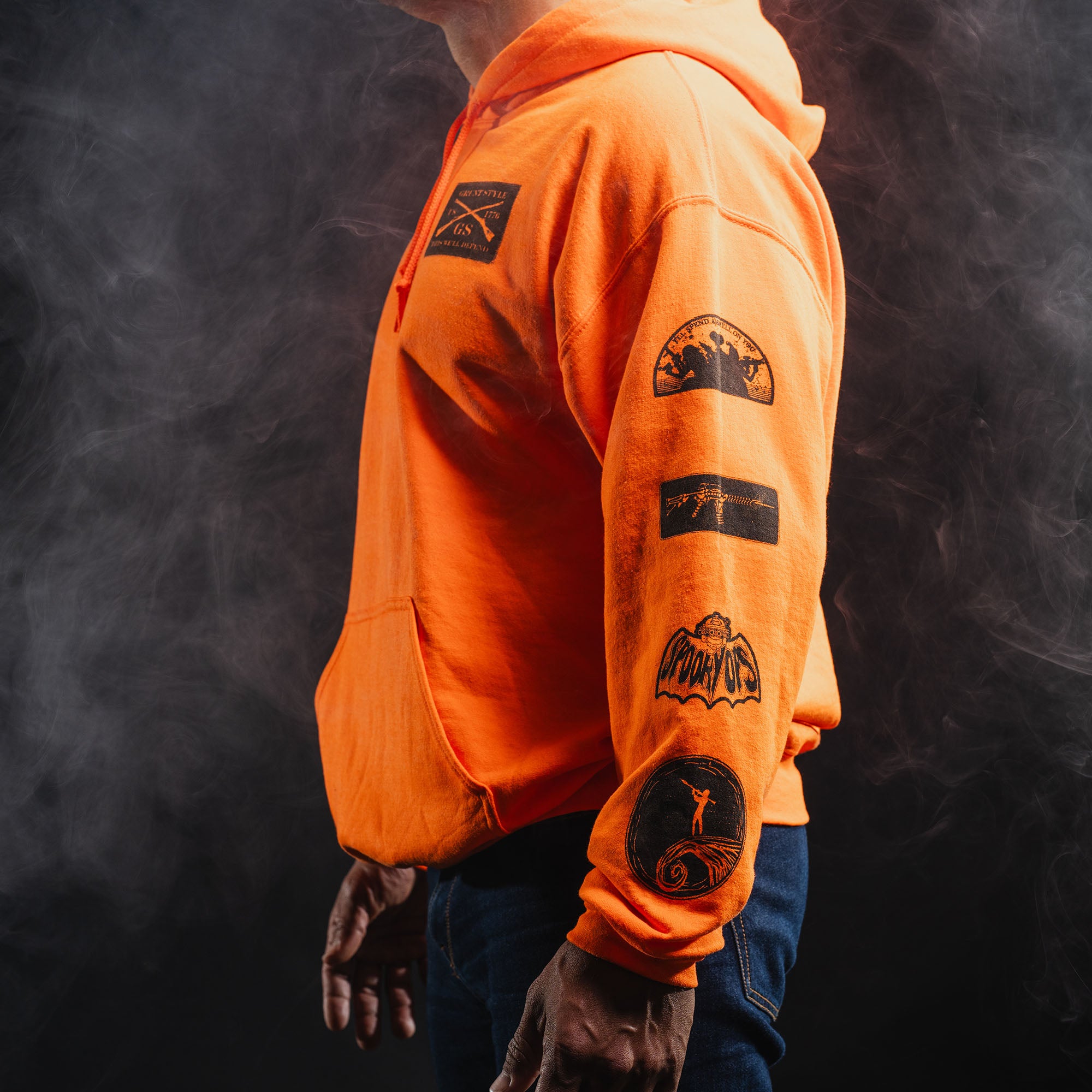 Halloween Patch Hoodie - Safety Orange mens halloween Patriotic hoodie | Grunt Style