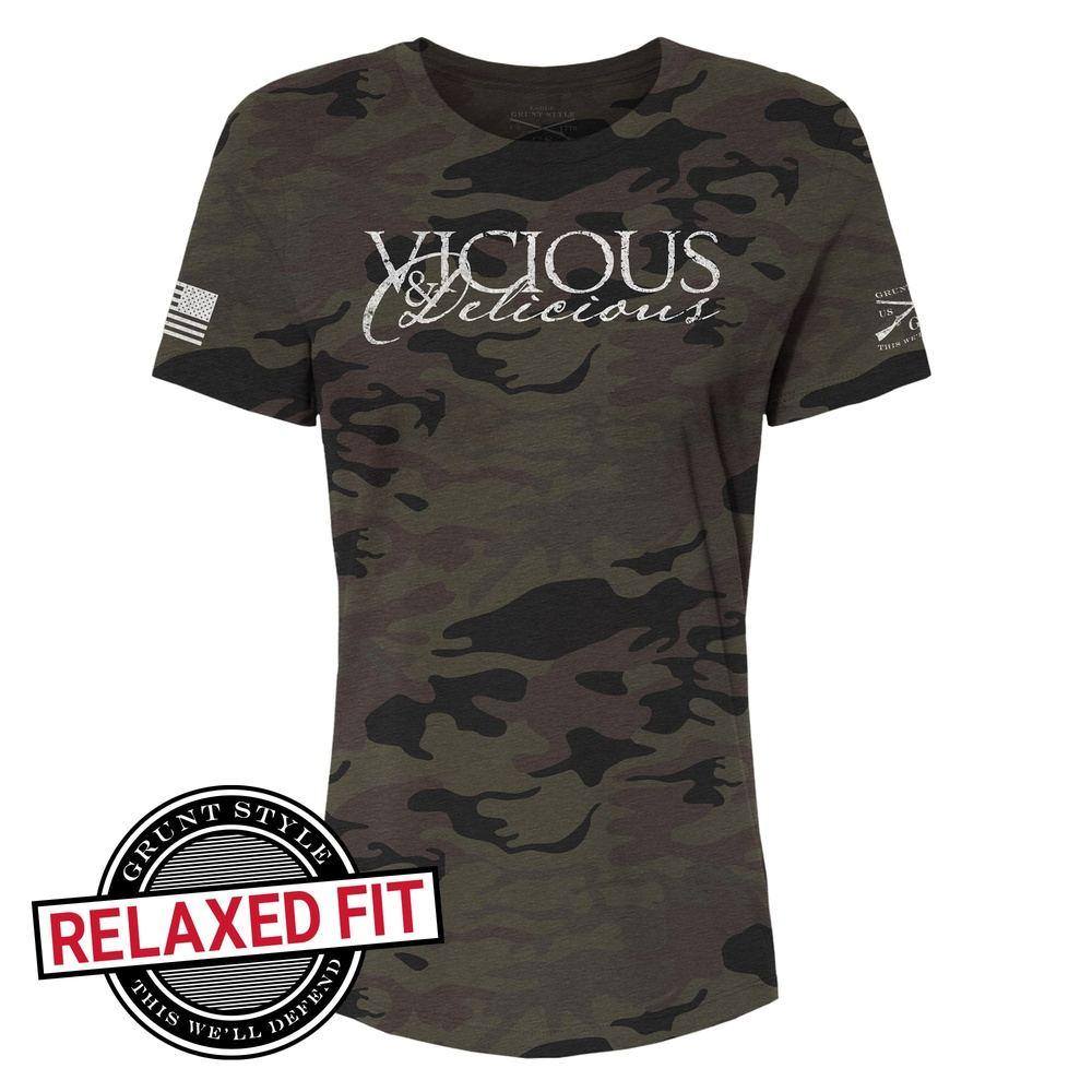 Front of the women's camo Vicious & Delicious t-shirt in a relaxed fit